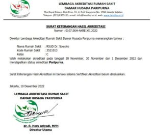Surat Keterangan Hasil Akreditasi 
Nomor : 0107.SKH-AKRE.XII.2022
Yang ditandatangi oleh Direktur Lembaga Akreditasi Rumah Sakit Damar Husada Paripurna Bpk. dr. R. Heru Ariyadi, MPH
pada tanggal 10 Desember 2022
Menyatakan bahwa RSUD Dr. Soeroto Kabupaten Ngawi mendapatkan status akreditasi PARIPURNA.
