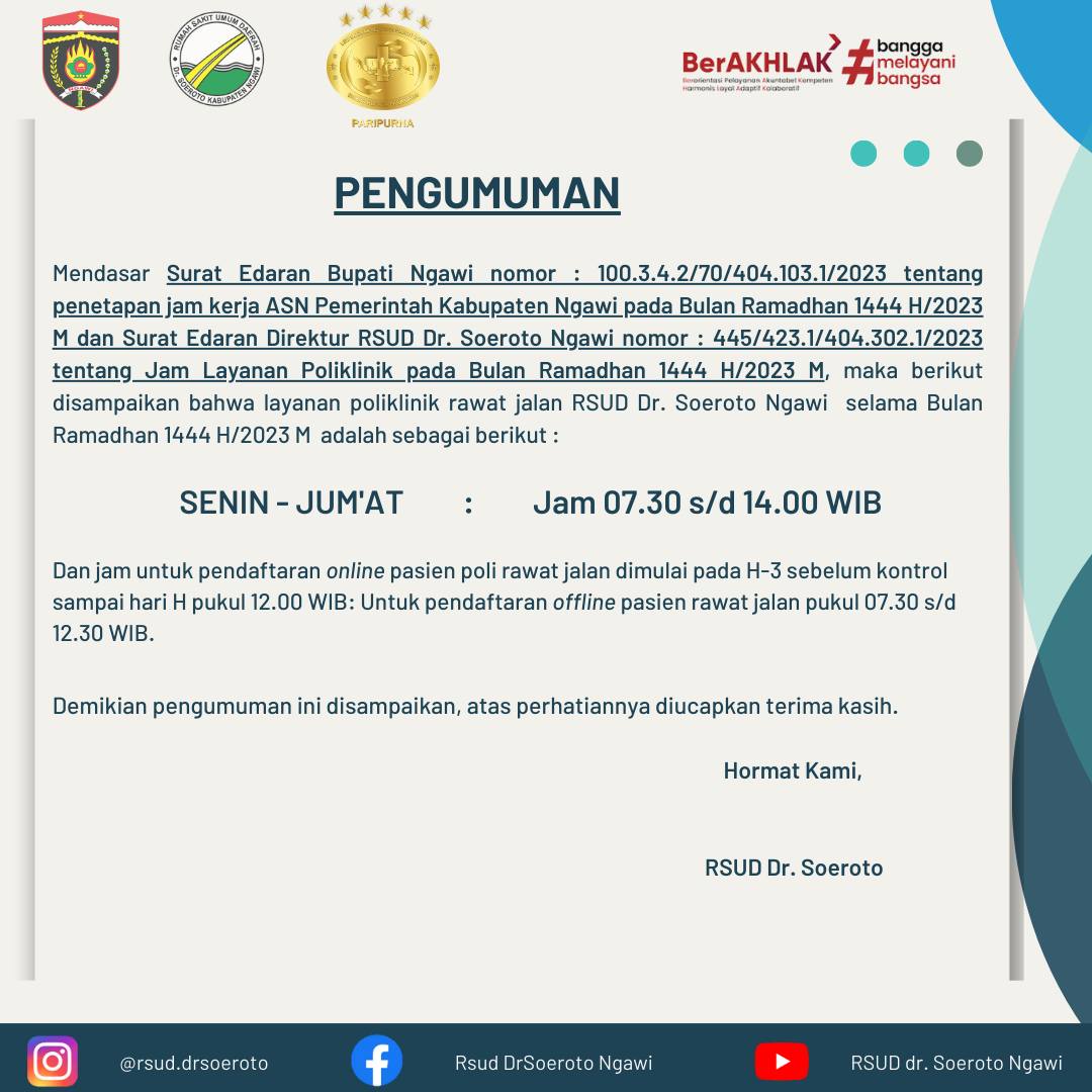 Pengumuman Perubahan Jam Kerja ASN Dan Perubahan Jam Layanan Poliklinik Rawat Jalan Selama Bulan Ramadhan 1444 H/2023 M