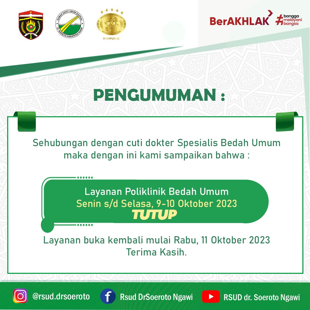 Pengumuman PoliklinIk Spesialis Bedah Umum Ditutup Sementara Pada Tanggal 05 s.d 09 Oktober 2023