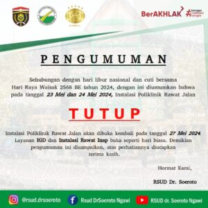Pengumuman Penutupan Poli Spesialis Orthopedi Tanggal 29 Mei - 03 Juni 2024 Karena Dokter Spesialis Orthopedi Akan Mengikuti Kegiatan Acara Seminar