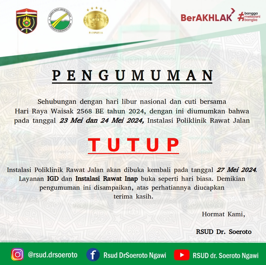 Pengumuman Penutupan Poli Spesialis Orthopedi Tanggal 29 Mei – 03 Juni 2024 Karena Dokter Spesialis Orthopedi Akan Mengikuti Kegiatan Acara Seminar