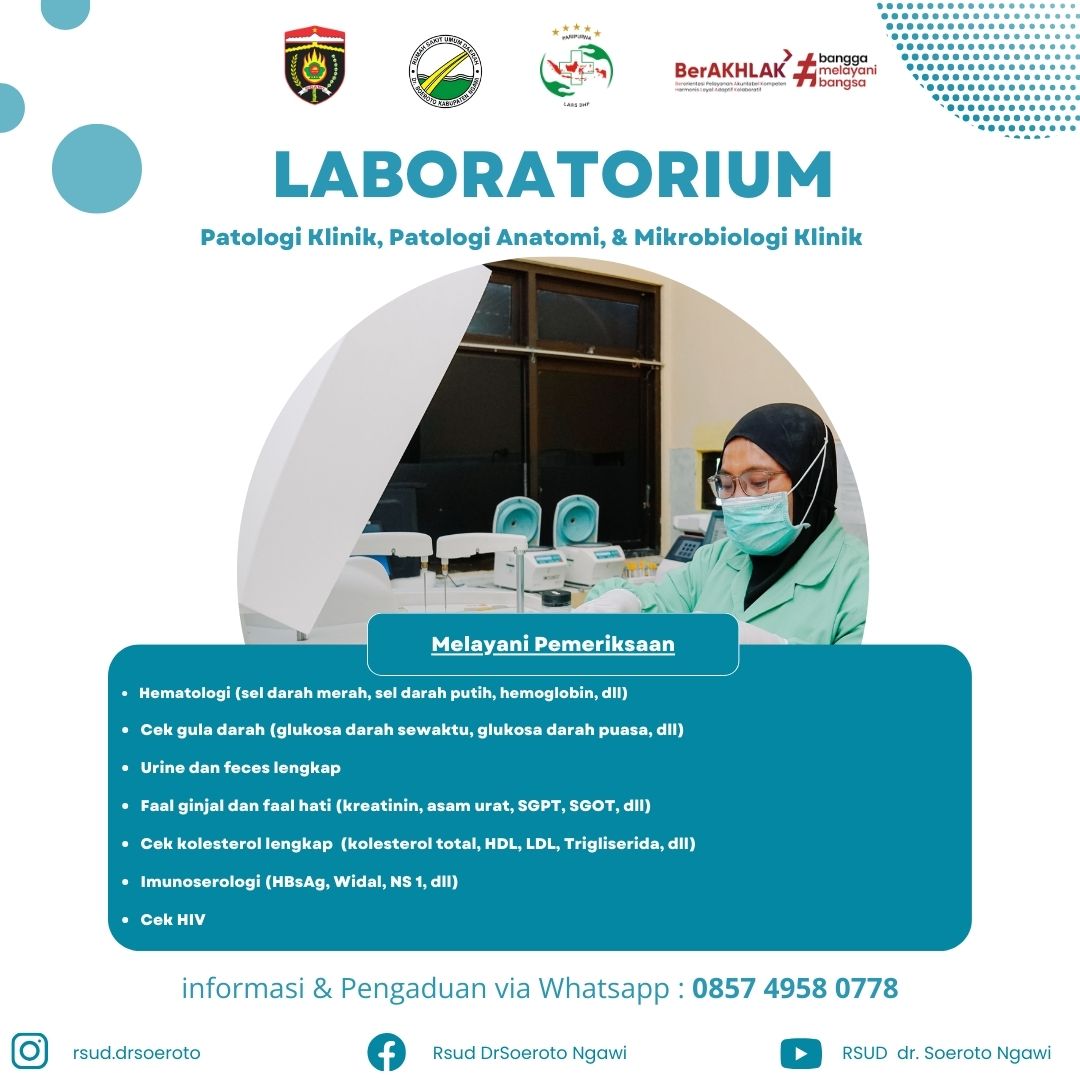 Layanan-layanan yang tersedia di Laboratorium (patologi klinik, patologi anatomi, dan mikrobiologi klinik) RSUD dr. Soeroto Kabupaten Ngawi. #NgawiRamah #RSUDDrSoerotoNgawi #Laboratorium