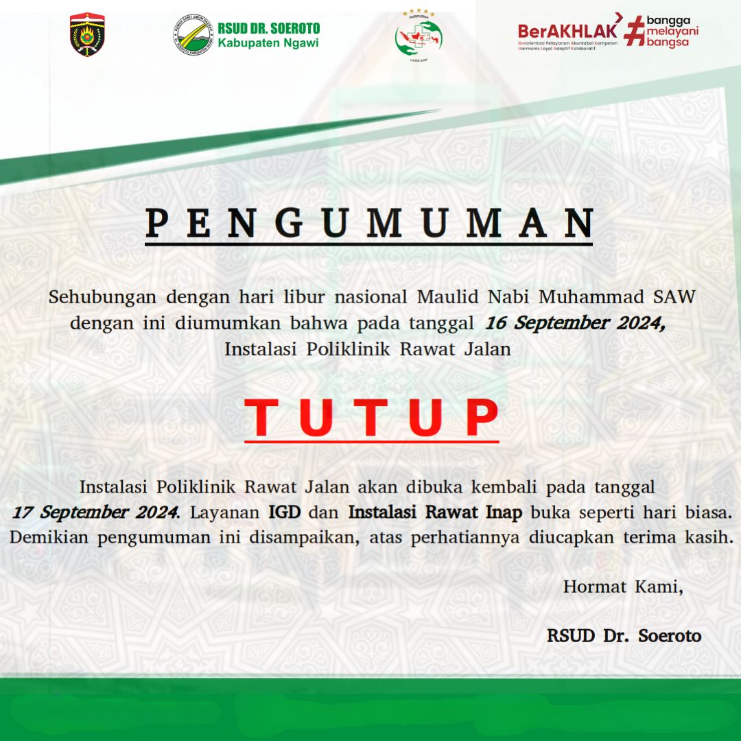 Pengumuman Libur Nasional Poliklinik Rawat Jalan Dikarenakan Peringatan Maulid Nabi Muhammad SAW Tahun 2024