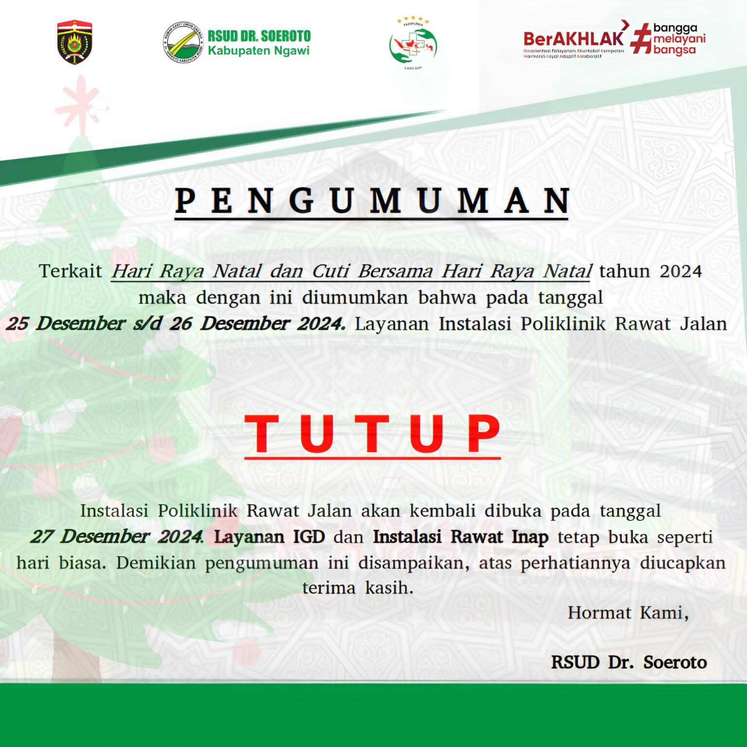 Pengumuman Penutupan Instalasi Poliklinik Rawat Jalan Karena Libur Hari