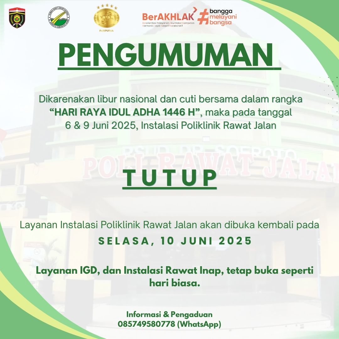 Pengumuman Penutupan Instalasi Poliklinik Rawat Jalan Karena Perayaan Hari Raya Idul Adha 1446 H